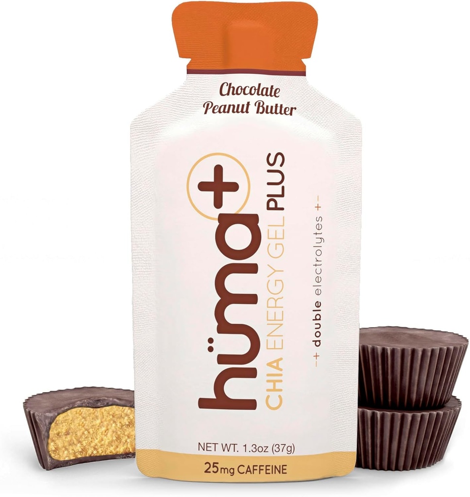 Huma Plus (Doppelelektrolyte) - Chia Energy Gel, Chocolate Peanut Butter, 12 Gels - Stomach Friendly, Real Food Energy Gels