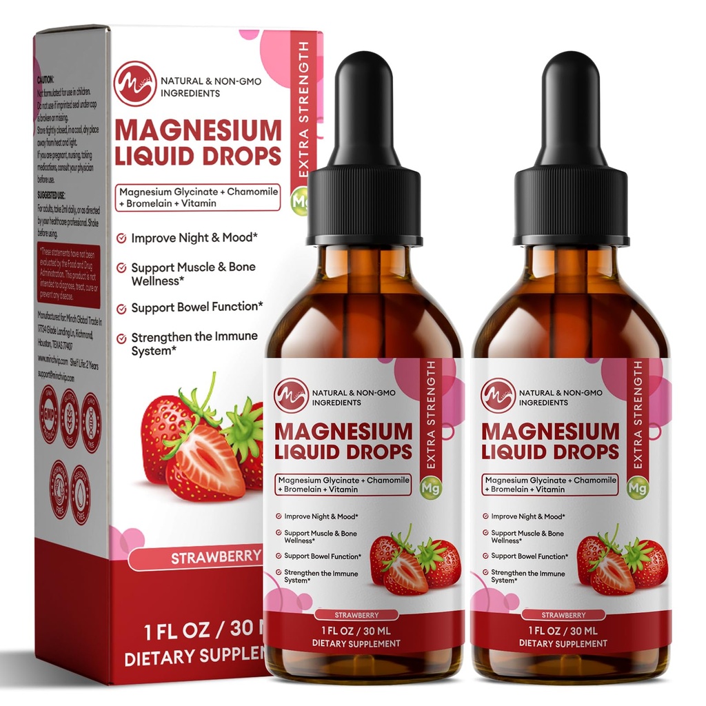 M inch Magnesium Glycinat Flüssigkeit, hohe Absorption Magnesium Flüssigkeitstropfen mit Cellulosefaser, Bromelain, Vitamin B6, C, D, Zink, Magnesium Ergänzung für Kinder und Erwachsene, Erdbeeren Geschmack, 2 Packung