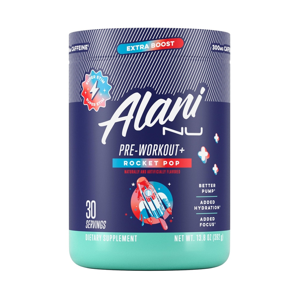 Alani Nu Pre Workout+ Powder Rocket POP, Extra Boost, Sugar Free, 300mg Caffeine, L-Theanine, Beta-Alanine, Citrulline, 30 Servings