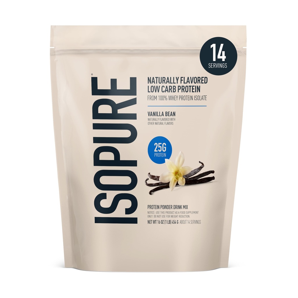 Isopure Low Carb 100% reine Whey Isolate Protein Pulver, Lactosefrei, Glutenfrei, Mit Vitaminen, Vanilla Bean, 25g Protein pro Servierung, 1 Lb, 14 Servierungen (Verpackung Mai Vary)