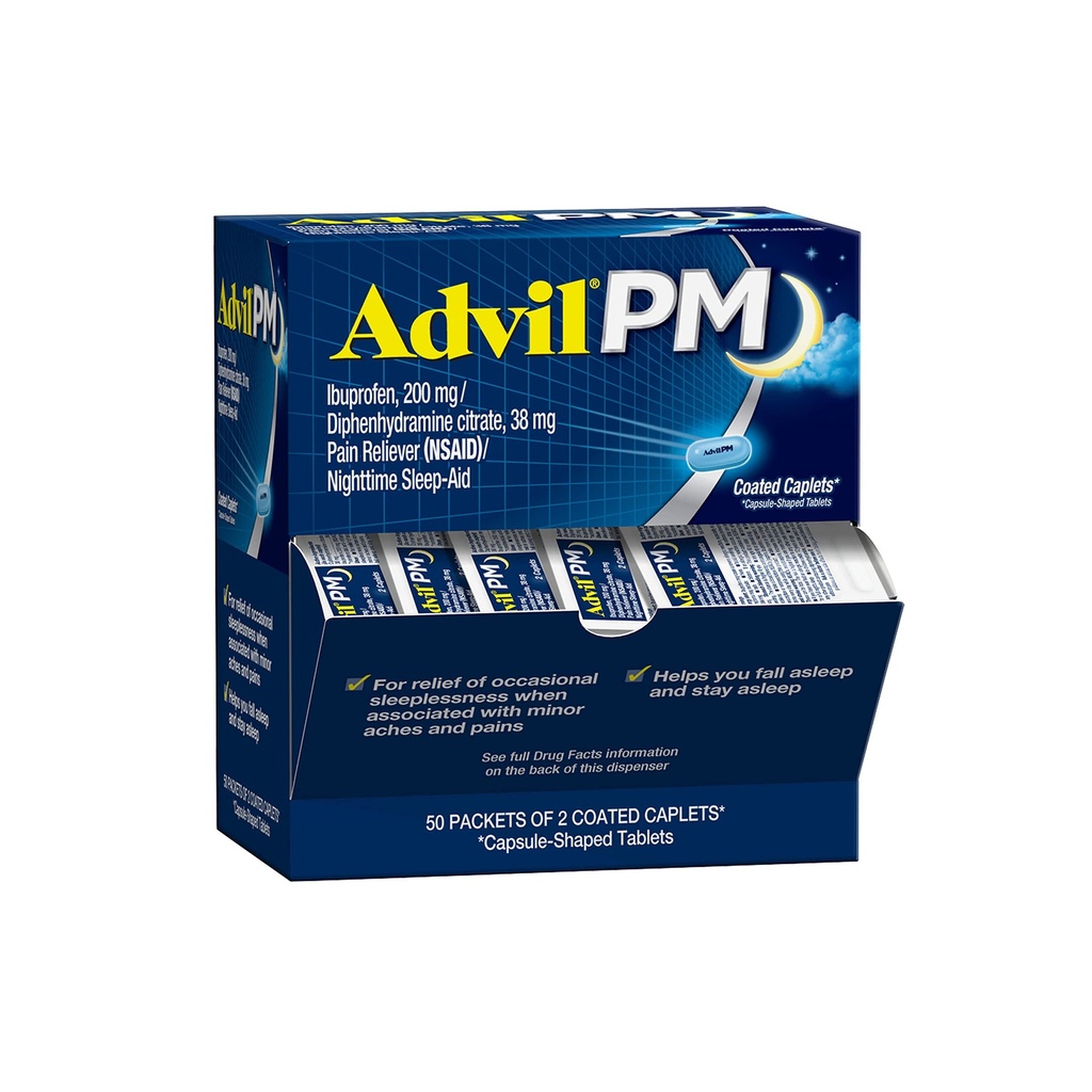 Advil PM Schmerzlinderung und Nacht Schlafhilfe, Schmerzmedizin mit Ibuprofen für Schmerzlinderung und Diphenhydramin Citrat für eine Schlafhilfe - 50x2 beschichtete Caplets