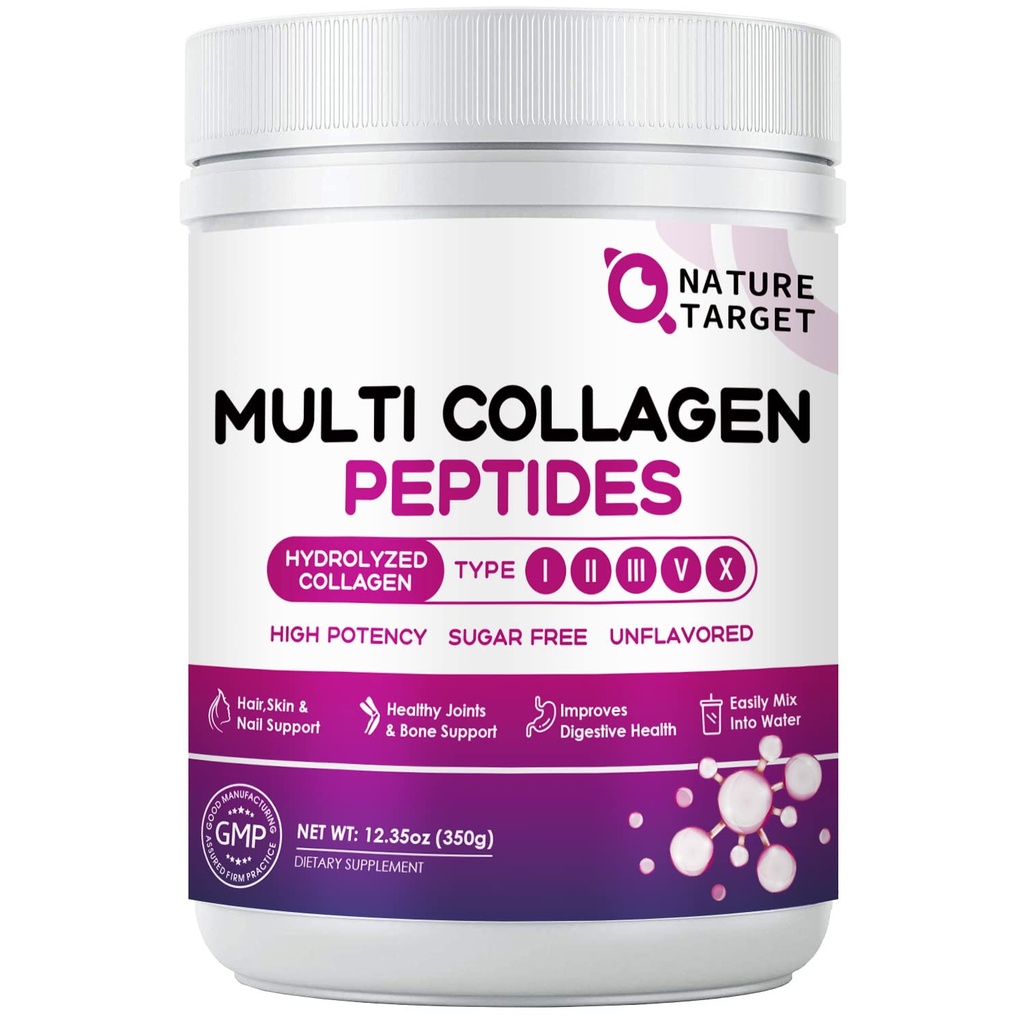 NATURE TARGET Multi Collagen Peptides Powder - Typ I, II, III, V, X - Hydrolysierte Collagen Peptide mit Vitamin C Hyaluronsäure, unterstützt Hauthaar Nagel & Gelenk, Grass-Fed, Non-GMO, 35 Servierungen