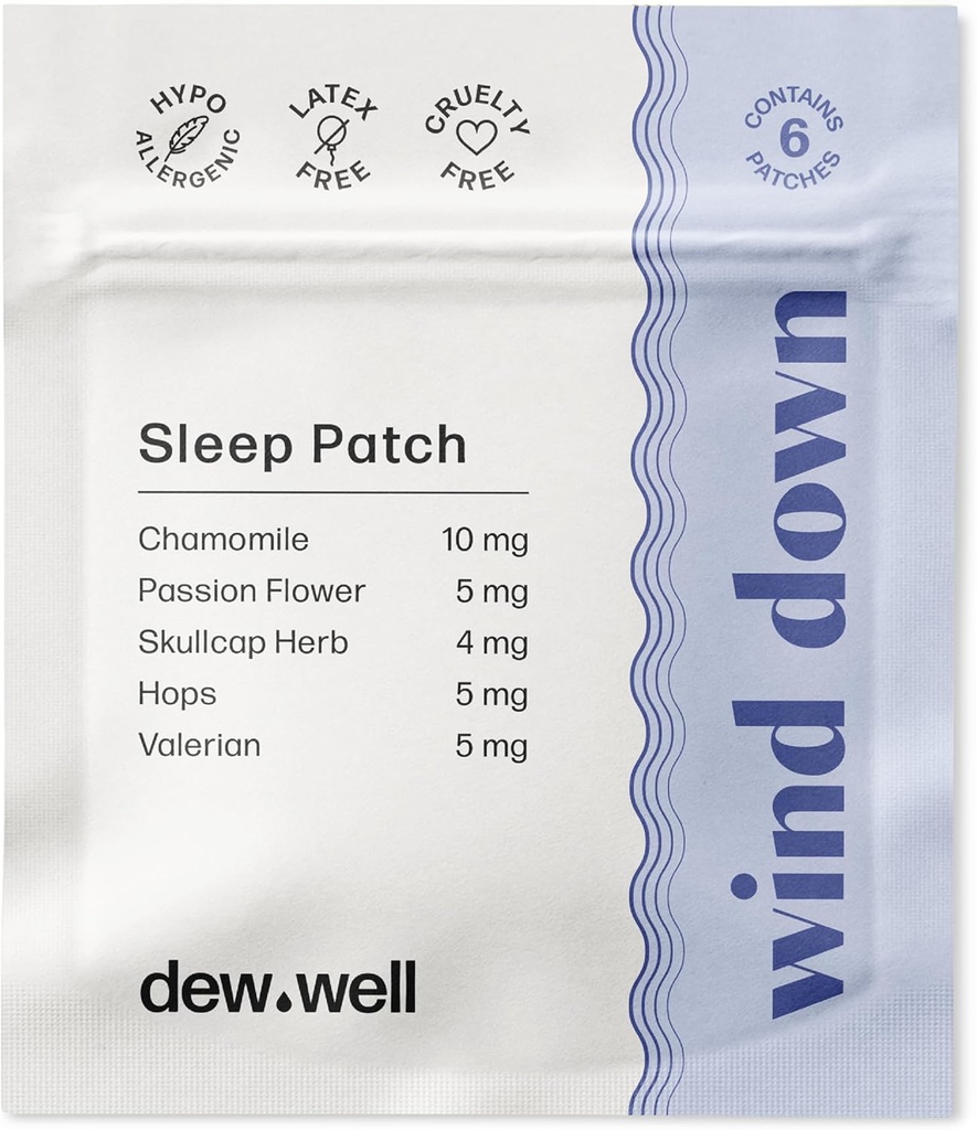 Dew Well Wind Down Sleep Patches - Melatonin Free Chamomile & Passion Flower Patches für natürliche Resthilfen - Stress Strips für Migraine Relief - Sleep Sticker & Hot Sleeper Relief - 6 Count Clear