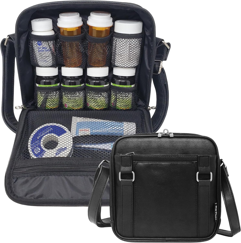 Medium 2-in-1 Pill Bottle Organizer, Crossbody PU Leder Geldbörse für Frauen, Medizin Tasche, Case, Träger für Medikamente, Reisemedizin Organizer, Med Bag - Schwarz (ohne Schloss)