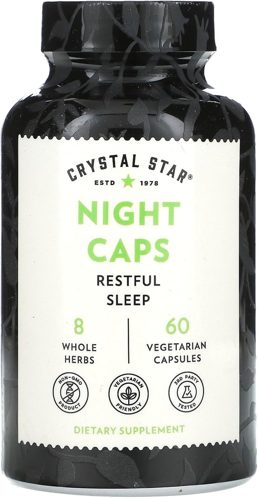 Crystal Star Night Caps Natural Sleep Aid Supplement (60 Kapseln) – Herbal Non-Habit Forming – Valerian Root, Kava & Passion Flower – Non-GMO