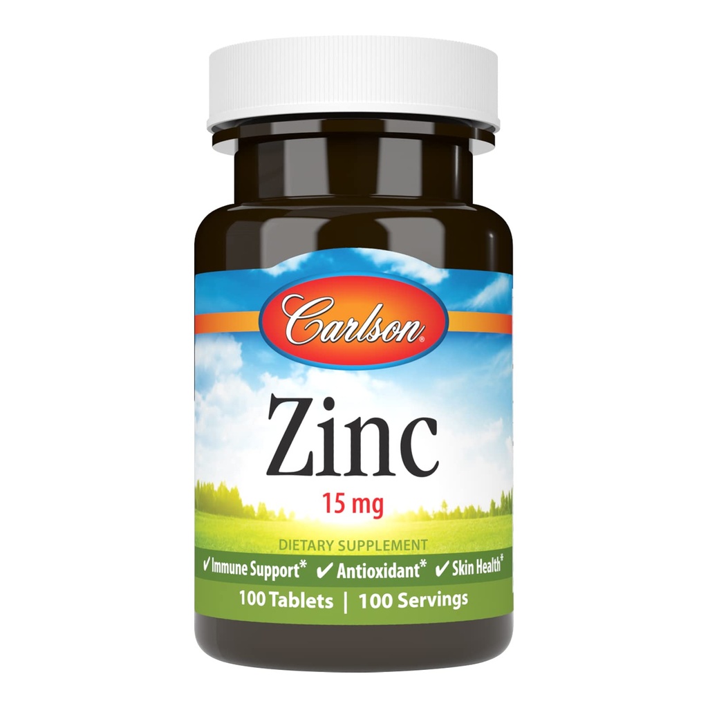 Carlson - Zink, 15 mg, Zink-Ergänzung, Zink-Gluconat, Immununterstützung & Hautgesundheit, Zink-Tabletten, Antioxidans, Zink-Kapseln, 100 Tabletten