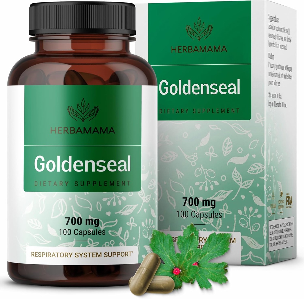 HERBAMAMA Goldenseal Root Capsules 700mg - Atemsystem und Immununterstützung mit Goldenseal Powder Supplement - Vegan, Non-GMO