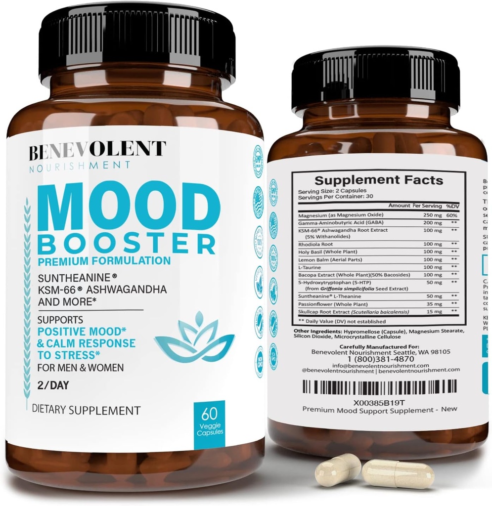 Calm Mood Booster Supplement - Natural Happy Pills for Stress, Sleep & Mood Support - Patentiert KSM-66® Ashwagandha & Suntheanine® L-Theanine, Rhodiola Rosea, Magnesium - 60 Count