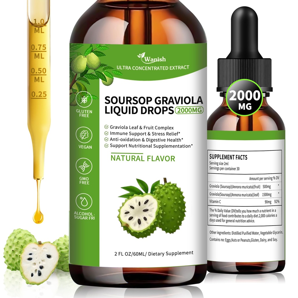 Wachsende organische Soursop Graviola Flüssigkeitstropfen,Sour SOP Bitters Flüssigkeit für Zellunterstützung & Regeneration, Immune Boost, Leber und Schlaf, pflanzliche Güte, Zucker/Gluten frei, natürliche Geschmack, 2 Fl Oz