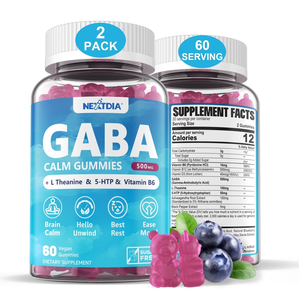 GABA Gummies 500 mg - Sugar-Free Calm Gummis mit L Theanine, 5-HTP, Vitamine D3, B12, Ashwagandha, Melatonin-Free für Brain Calm, Mood, Zzz Better, GABA Supplement für Erwachsene, Blueberry Flavor, Vegan