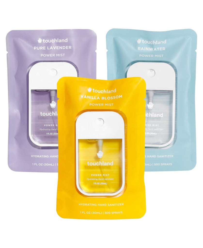 Touchland Power Mist Hydrating Hand Sanitizer Spray, BLOSSOM Trio Set (Lavender, Vanille, Regenwasser), 1 FL. OZ. Reisegröße (Set von 3)