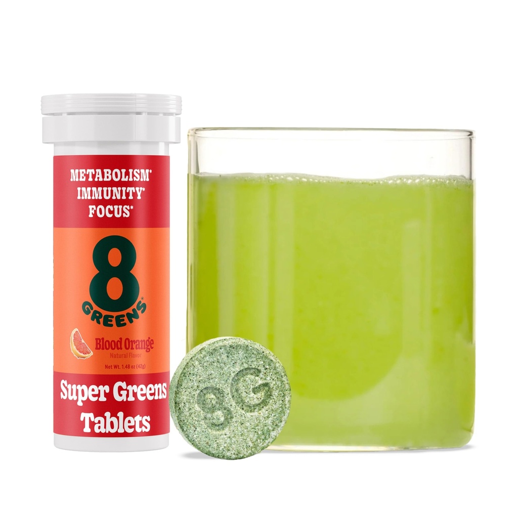 8Greens Supergreens Tablets | Super Greens Powder Superfood Tablet, Metabolism Immunity & Focus, Daily Greens Effervescent Tablets, Bio: Aloe Vera, Spirulina, Chlorella, Blut Orange, 10 Servierungen