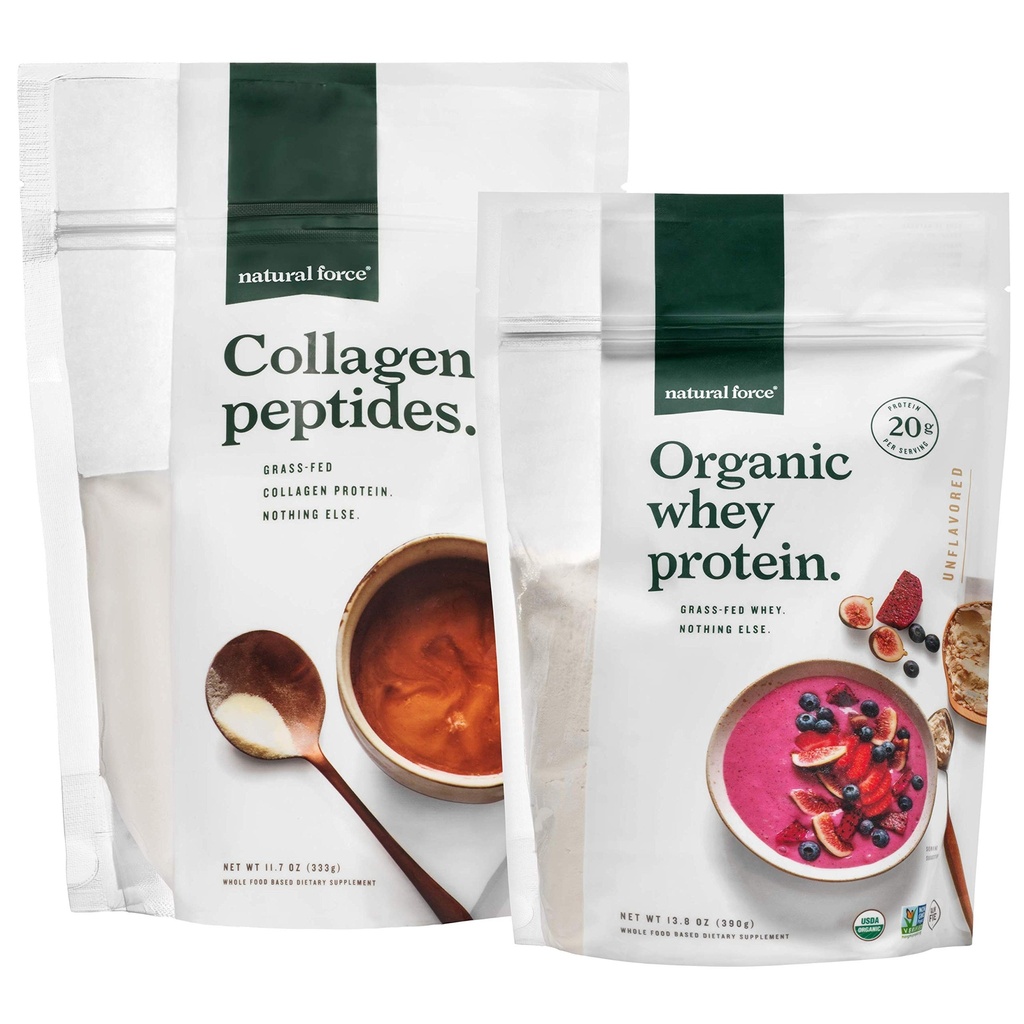 Natural Force Clean, Gras Fed Collagen Peptide + Unflavored Organic Whey Protein Bundle – Organic, Non GMO Whey Protein & Hydrolyzed Typ I und III Collagen – 13.8 Unze Tasche und 11.7 Unze Tasche