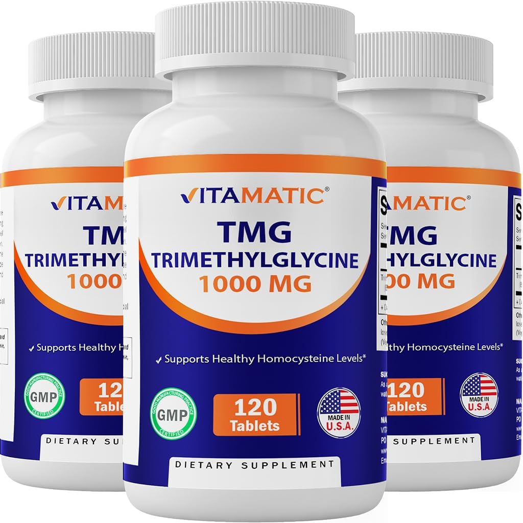 Vitamatic TMG Supplements 1000mg - Trimethylglycine - Betaine Anhydrous - 120 Tablets - 120 Servings - Non-GMO & Gluten Free (3 Bottles)