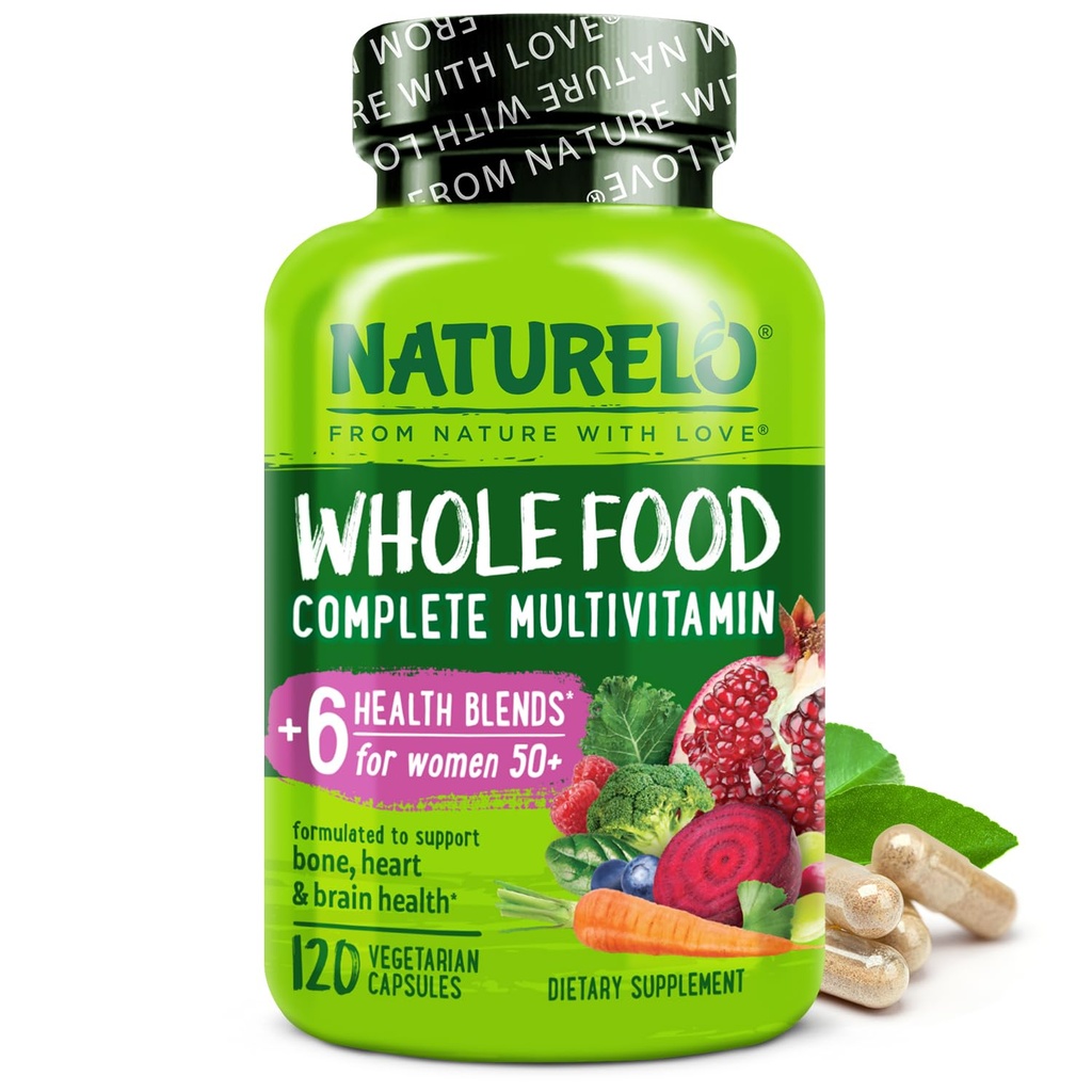 NATURELO Ganzes Lebensmittel Multivitamin für Frauen 50+ (Iron Free) mit Vitaminen, Mineralstoffen, & Bio-Extrakten - Ergänzung für Post Menopausal Women Over 50 - No GMO - 120 Vegan Kapseln