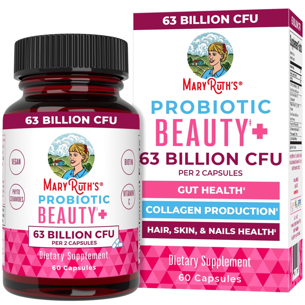 MaryRuth Organics Probiotic Beauty Capsules | Vegan Collagen Support | Anti Aging | Gut Health | Hair Skin and Nails Vitamine | Hautpflege | Biotin | Non-GMO Project Verified | 60 Count