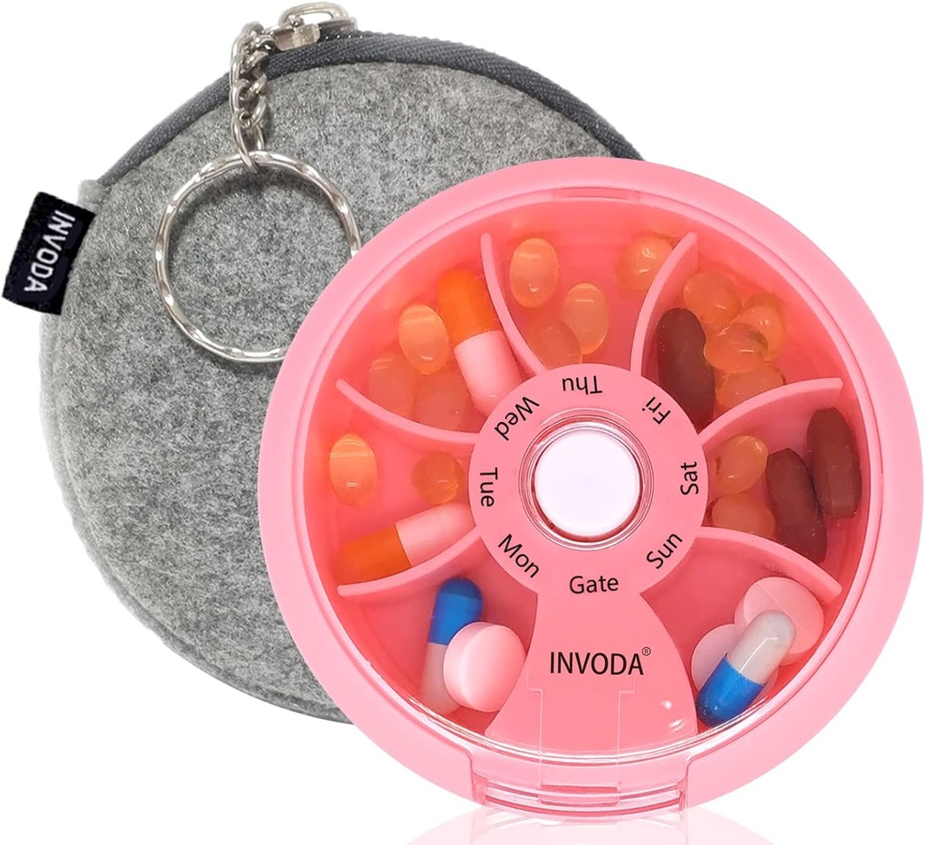 INVODA Wöchentliche Pille Organizer 7 Kompartment rotierende Pille Box für tägliche Medikamente & Vitamine - Tragbare Reise Pille Fall Fischöl ergänzt Vitamine Organizer (Pink+Bag)