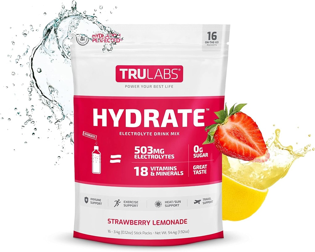 TRULABS Hydrate Erdbeer-Lemonade, Hydration Elektrolytpulver-Mischung,16 Sticks. Zero Sugar, Nur 5 Kalorien, 503mg Elektrolyte.