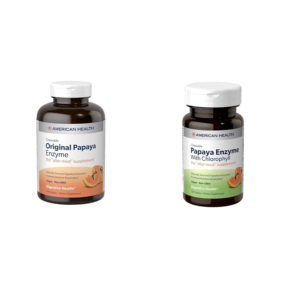 American Health Papaya Verdauungsenzym Chewable Tablets Bundle - Original 600 Count und mit Chlorophyll 100 Count