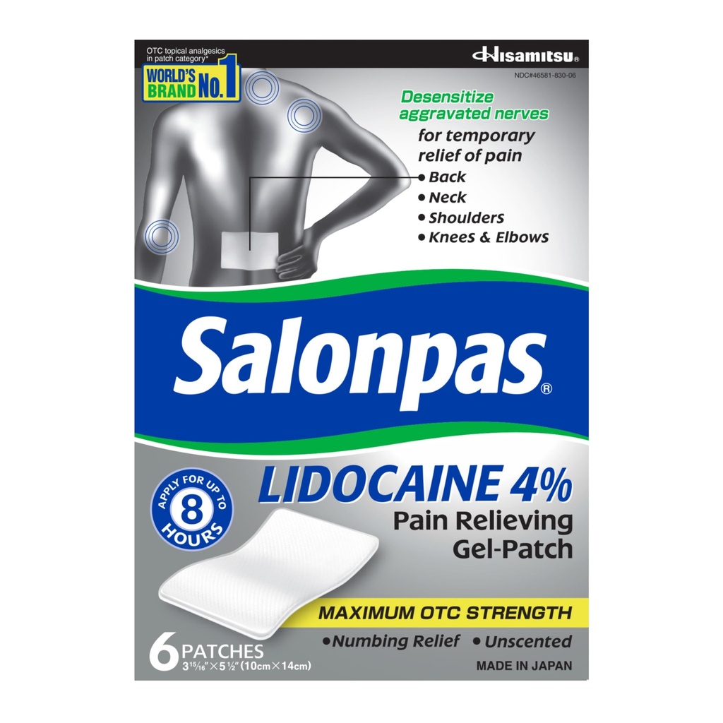 Salonpas Lidocaine 4% Schmerzen Gel-Patch, 6 Count, für Rücken, Hals, Schulter, Knie &amp; Ellbogen Schmerzen