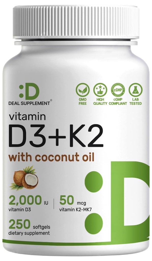 DEAL SUPPLEMENT Vitamin D3 2.000 IU + K2 MK7 50mcg Softgels | 2-in-1 Complex mit Virgin Coconut Oil | Unterstützt Herz, Knochen, Zähne & Immune Gesundheit | Einfach zu schlucken