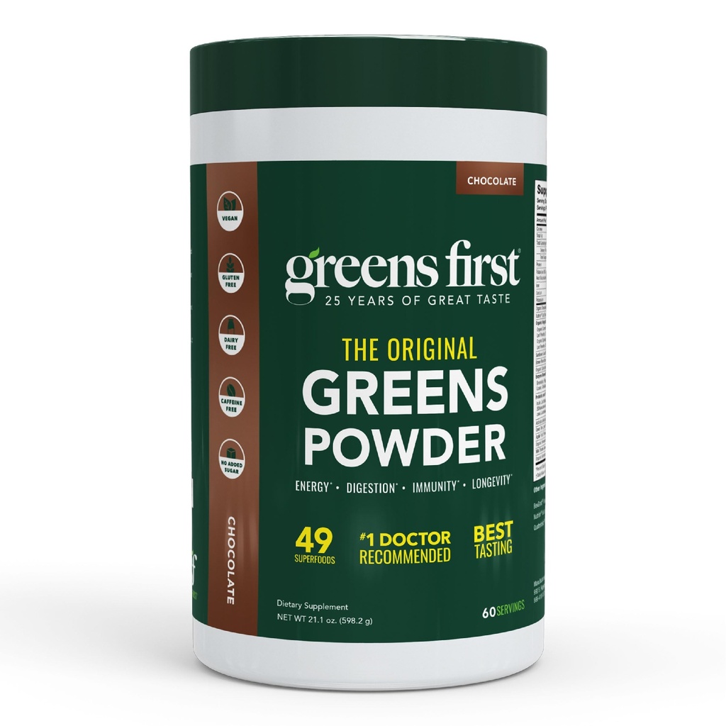 Greens First Original Greens Powder - 49 Superfoods - Bio Fruits & Veggies - Präbiotika, Probiotika, Verdauungsenzyme - Antioxidant Smoothie - Dairy Free, Vegan, Non-GMO (Chocolate, 60 Servietten)