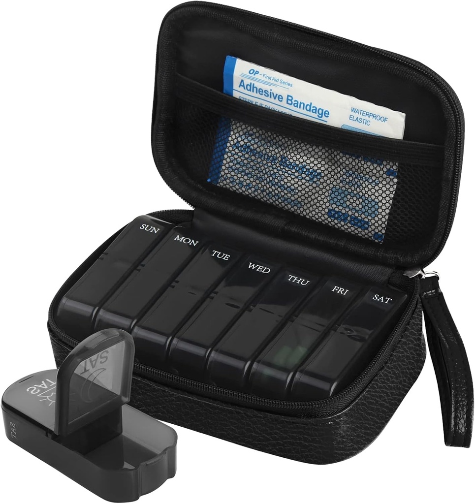 Wöchentliche PU Leder Pille Tasche Organizer Case 2 Mal am Tag, AM Tägliche Pille Box Vitamin, Fischöl, Nahrungsergänzung und Medizin (Schwarz)
