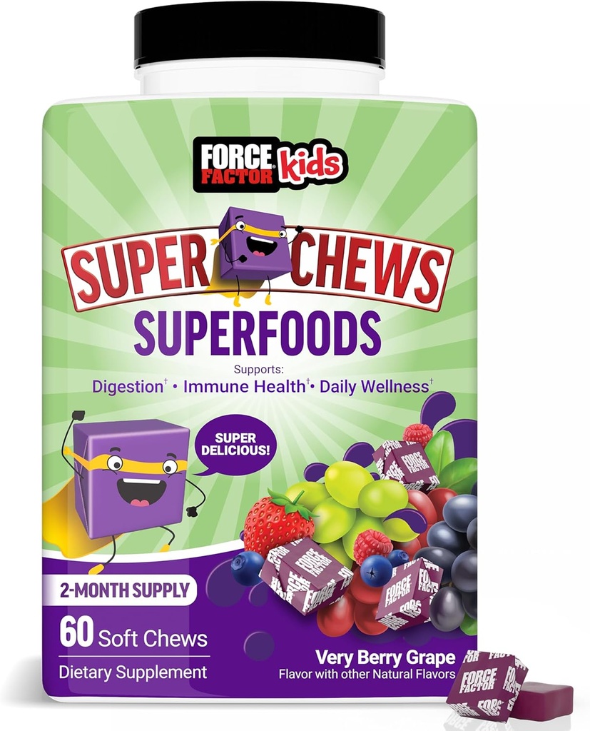 FORCE FACTOR Kinder Superfood Super Chews, Kinder Vitamine C & D, Immununterstützungsergänzung mit Antioxidantien Unterstützung von pulverisierten Früchten & Veggies, 2-Monats-Versorgung, Sehr Berry-Griff Flavor, 60 Soft Chews