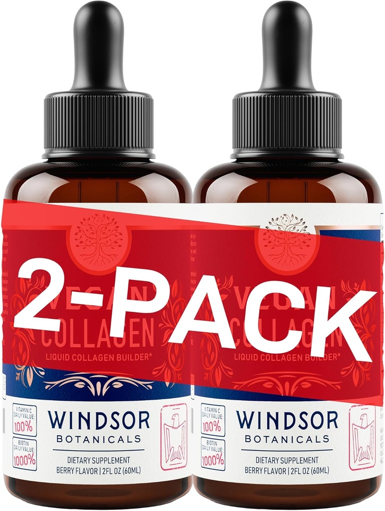 WINDSOR BOTANICALS Vegan Collagen Builder Liquid Supplement - Kollagen Booster mit Vitamin C, Biotin, Hyaluronsäure & Aminosäuren - Organische Frucht & Gemüsemischung - 120ml, 60 Tage