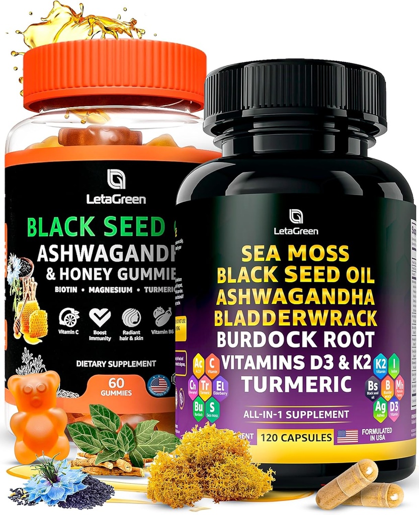 Sea Moss Capsules + Black Seed Oil Gummis Bundle, 60 Schwarz Seed Gummis + 120 Sea Moss Pillen, Natürliche Verteidigung Unterstützung mit Vitaminen und Multi Minerals Supplement Bundle
