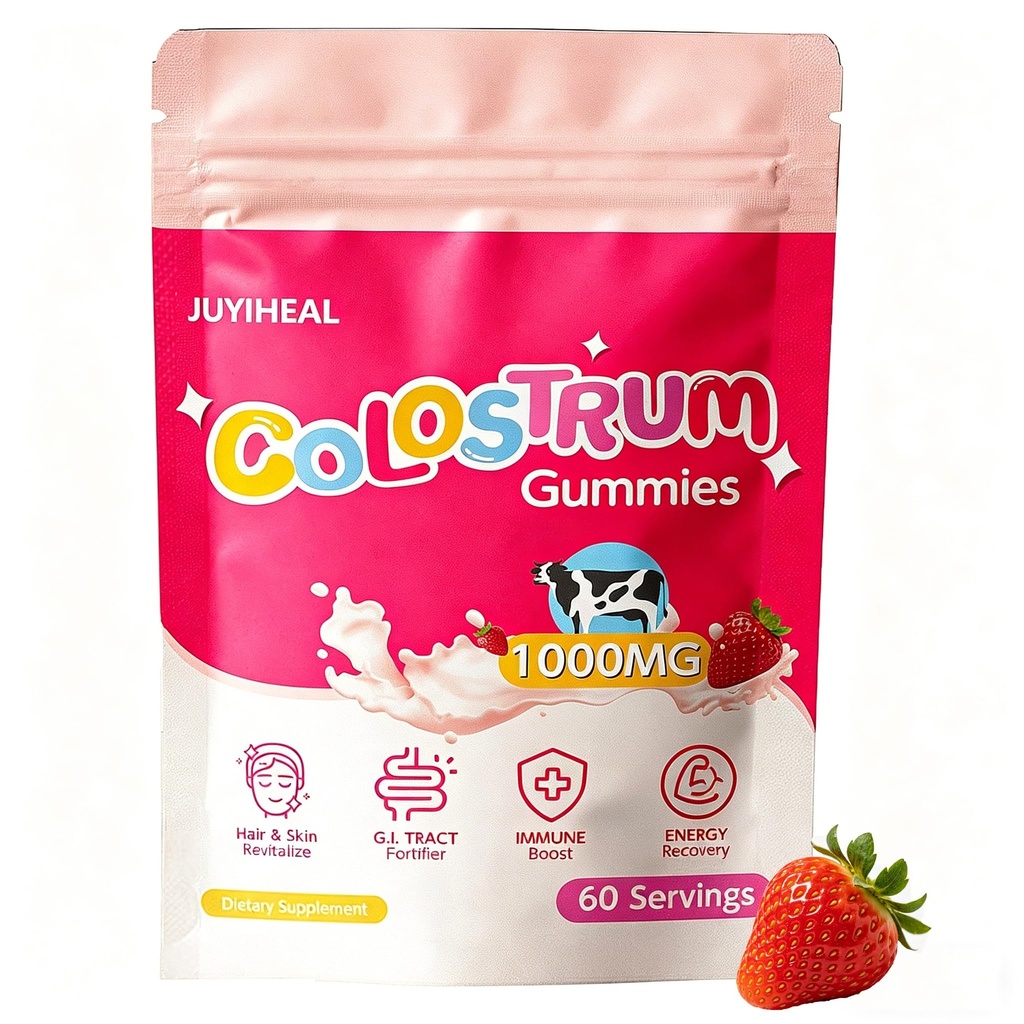 Colostrum Gummis, 1000 mg Gras Fed Colostrum Chews Colostrum Supplement für Gut Gesundheit, Haarwachstum, Schönheit und Immununterstützung, Erdbeeren Flavor 60 Servietten