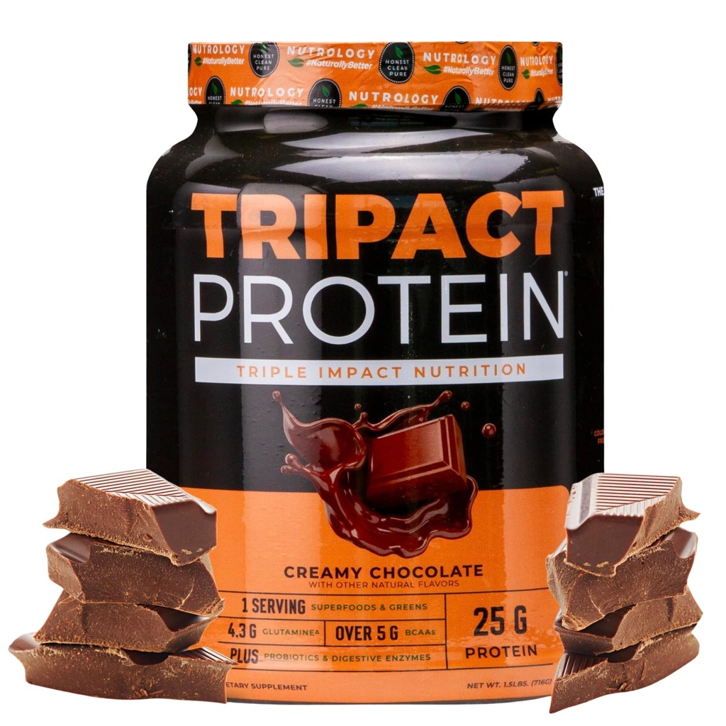 Nutrologie TRIPACT Protein Pulver - 7-in-1 Meal Ersatz Shake mit Gras Fed Whey Protein Pulver, Pea, Reis, Grüns für Muskel-Recovery & Immunität, Creamy Chocolate Flavor, 20 Servierungen