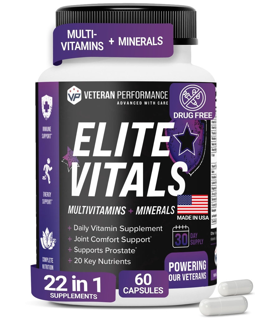 Elite Vitals – Mens Daily Multivitamine mit Vitamin B12, Glutenfreie Immununterstützungsergänzung für Prostata, Joint & Energy mit Zink, Grüner Tee, +20 Essential Vitamins – 60 Caps