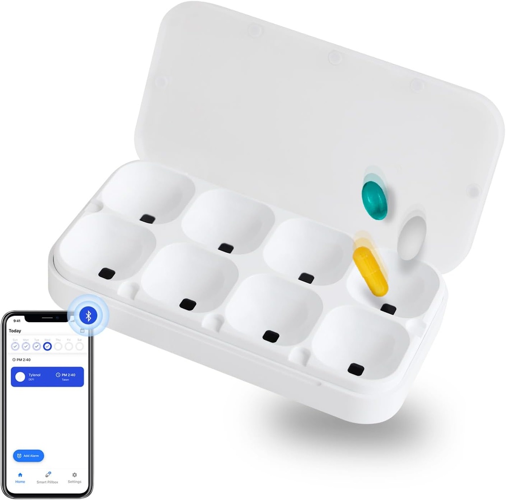 DEFI Smart Pillbox, Large, 8 Slots, Pill Organizer, Portable, Bluetooth, einfach zu bedienen, Selfcare, mit Alarm, Sound & Light, Täglich, Kompakte Medizin Halter für Vitamine, Ergänzungen, Kostenlose Reminder App.