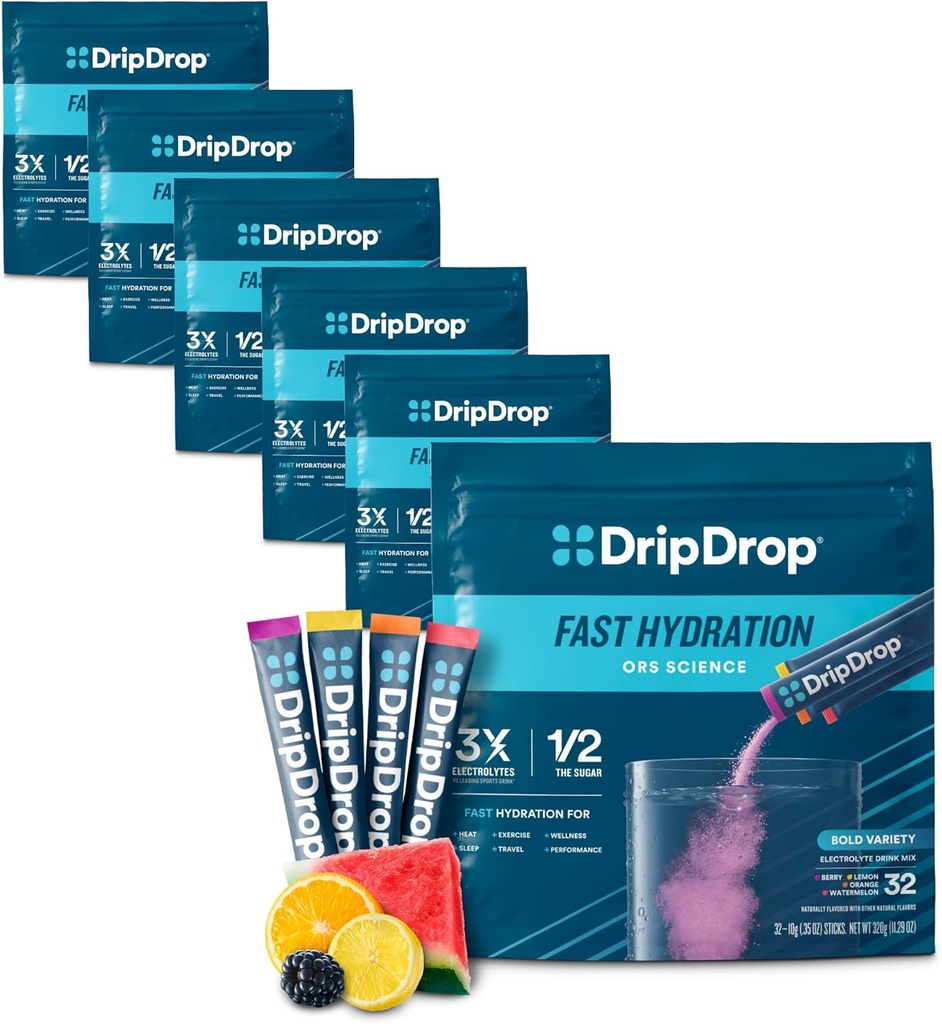 DripDrop Hydration Packets - Bold Variety Pack - Single Serve Electrolytes Powder Drink Mix - Wassermelone, Berry, Zitronen, Orange - Non-GMO, Gluten Free, Vegan - 192 Sticks