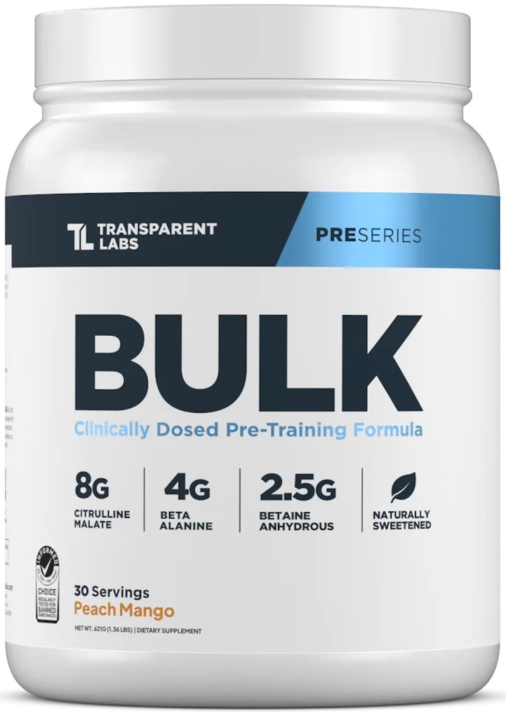 Transparente Labs Bulk Pre Workout Pulver - Natürlich gesüßt Advanced Pre-Workout Formel für Muskelaufbau und Stärke - 30 Servierungen, Peach Mango