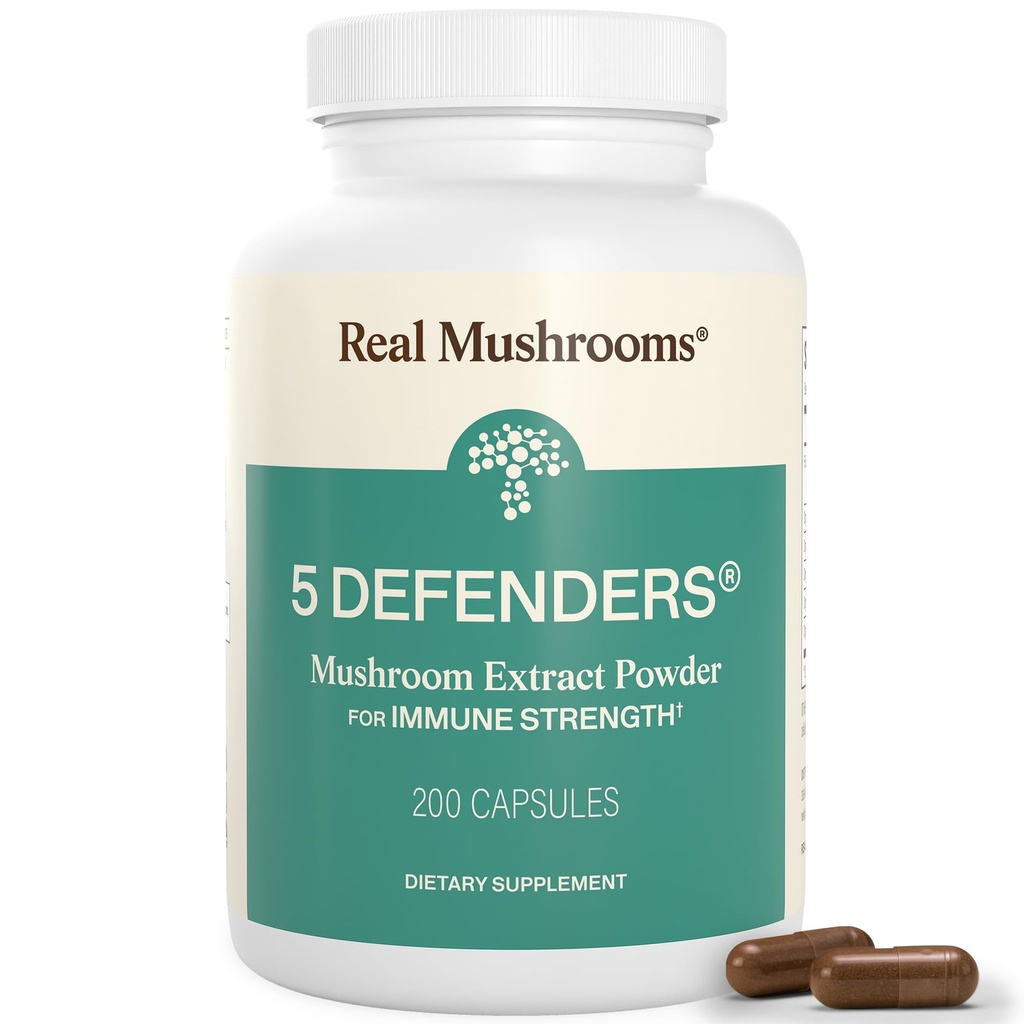 Reale Pilze 5 Verteidiger Pilzkomplex – Organische adaptogene Pilzmischung mit Chaga, Reishi, Türkei-Tail, Maitake & Shiitake für Wellness-Unterstützung - Pilz Beta Glucan Capsules - 200 Count