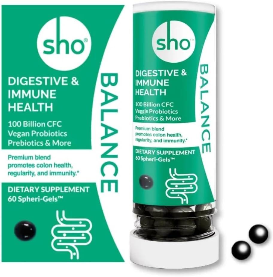 SHO Balance 100 Billion CFU Präbiotika und Probiotika einschließlich Lactobacillus Casei für Verdauungsgesundheit, Regalstabile Vegan Probiotika für Männer und Frauen – 60 Pillen Nachfüllflasche