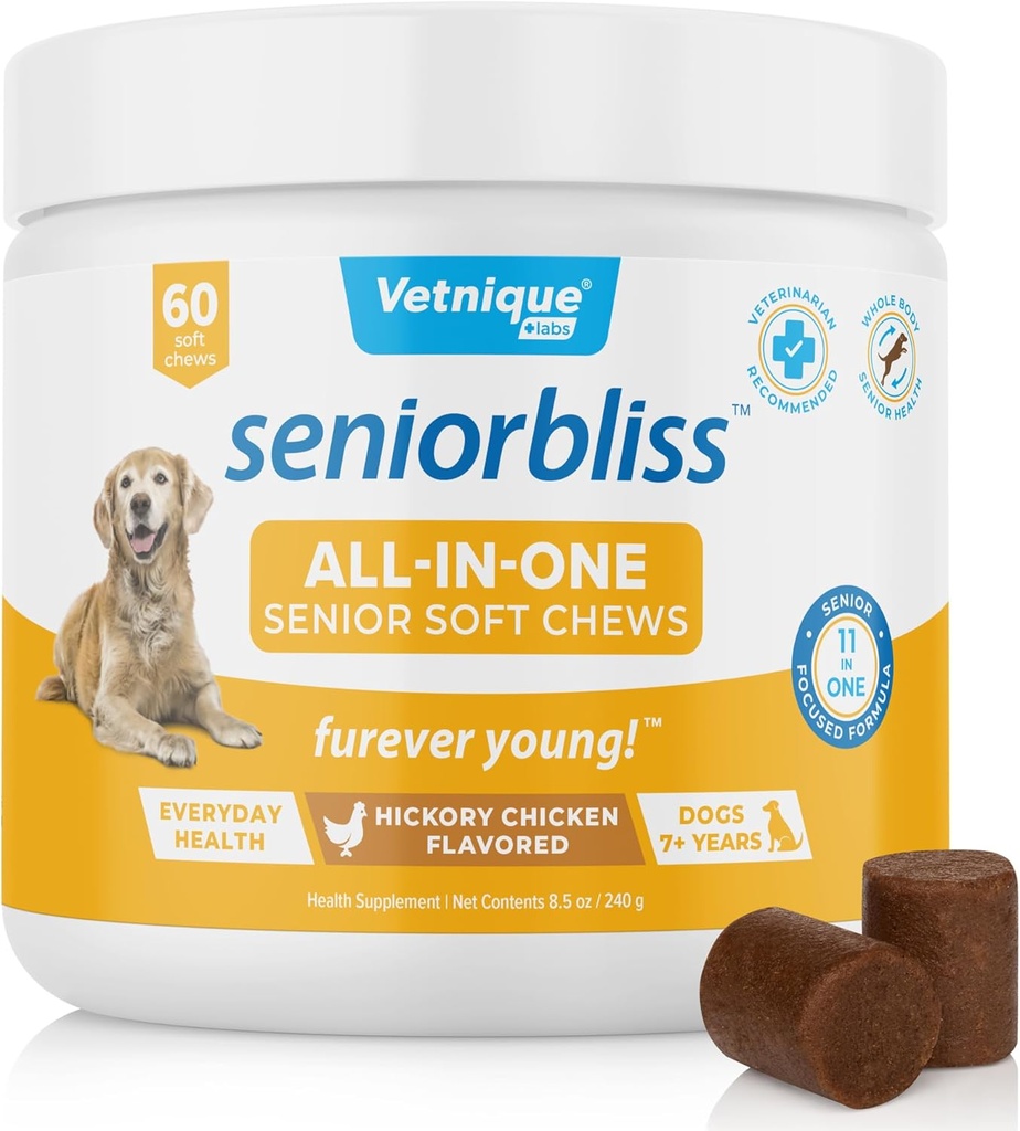 Vetnique Seniorbliss Senior Dog Multivitamin mit Glucosamin, Omega 3 Fish Oil und Probiotics - für Hundegelenke, Verdauungs- und Immununterstützung für optimale Gesundheit (All-in-One Daily Vitamin, 60 Ct)