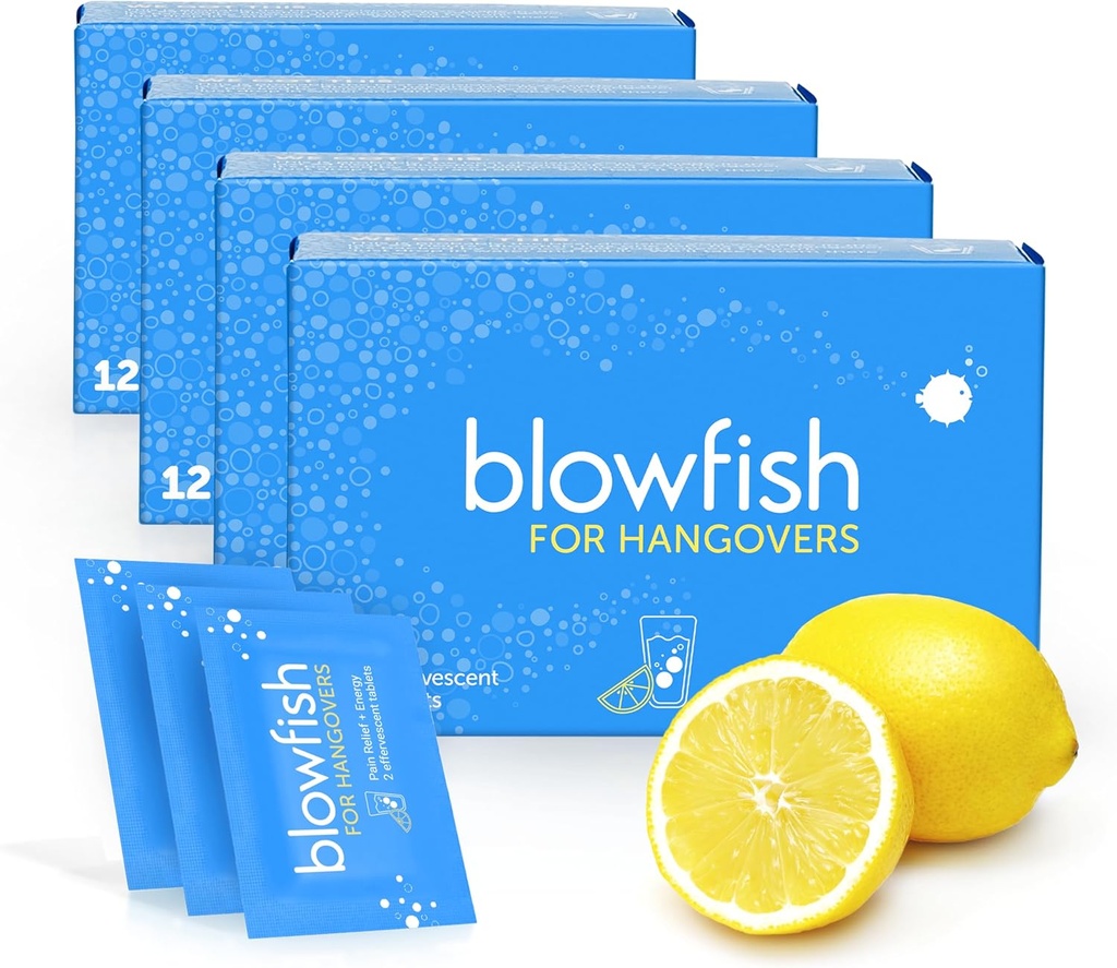 Blowfish for Hangovers | Schnelles, effektives Hangover Relief | Funktioniert in 15 Minuten | Hydrates, entlastet Kopfschmerzen und steigert Energie in einem Schritt (4 Boxen)
