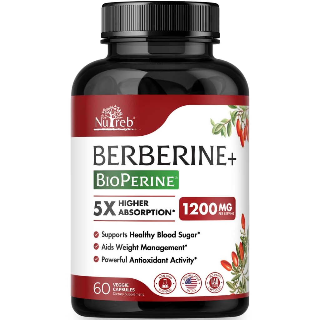 Berberine Supplement 1200mg - 5X Höhere Absorption - Ultra Pure 98% Berberine HCL - Gesunde Gewichtsmanagement, Immununterstützung - Non GMO, Hergestellt in USA - 60 Vegan Kapseln