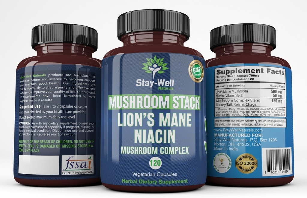 Lion Mane Mushroom Supplement Kapseln mit Niacin | Pilz Complex Kapseln, mit Türkei Tail Pilze, Chaga Pilze und Reishi Pilz Extrakt, Pilz Ergänzung Kapseln