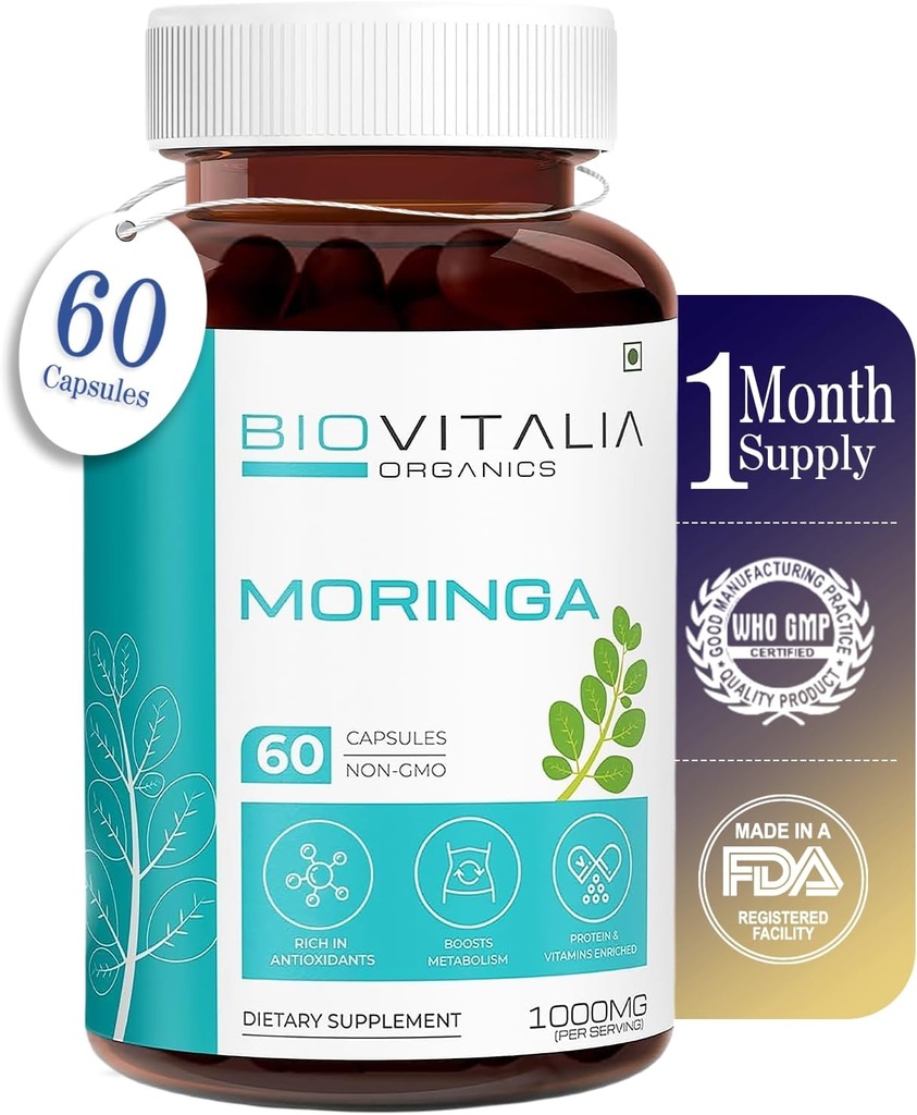 Biovitalia Moringa 1000mg | Hilfreich in Gesundheit und Wellness | Immunität Booster | Boost Stoffwechsel und Verdauung | Gut für Haut und Haare - 60 Vegan Capsule
