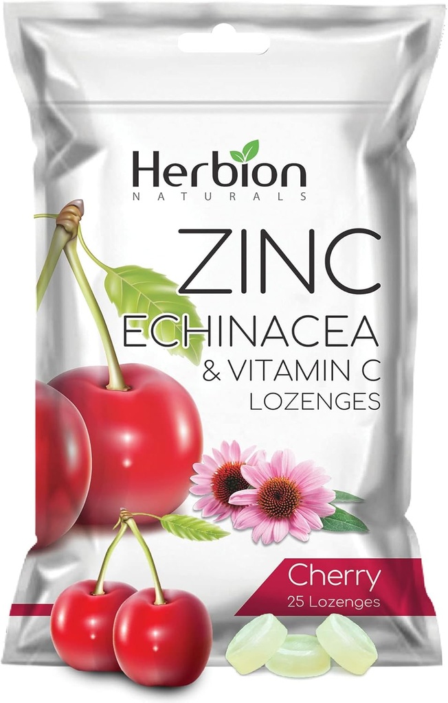 HERBION Naturals Zink, Echinacea & Vitamin C Lozenges 25 CT, Nahrungsergänzung für Erwachsene & Kinder 5+, fördert Wellness für die ganze Familie, 25 Graf, Kirsche, 1 Packung