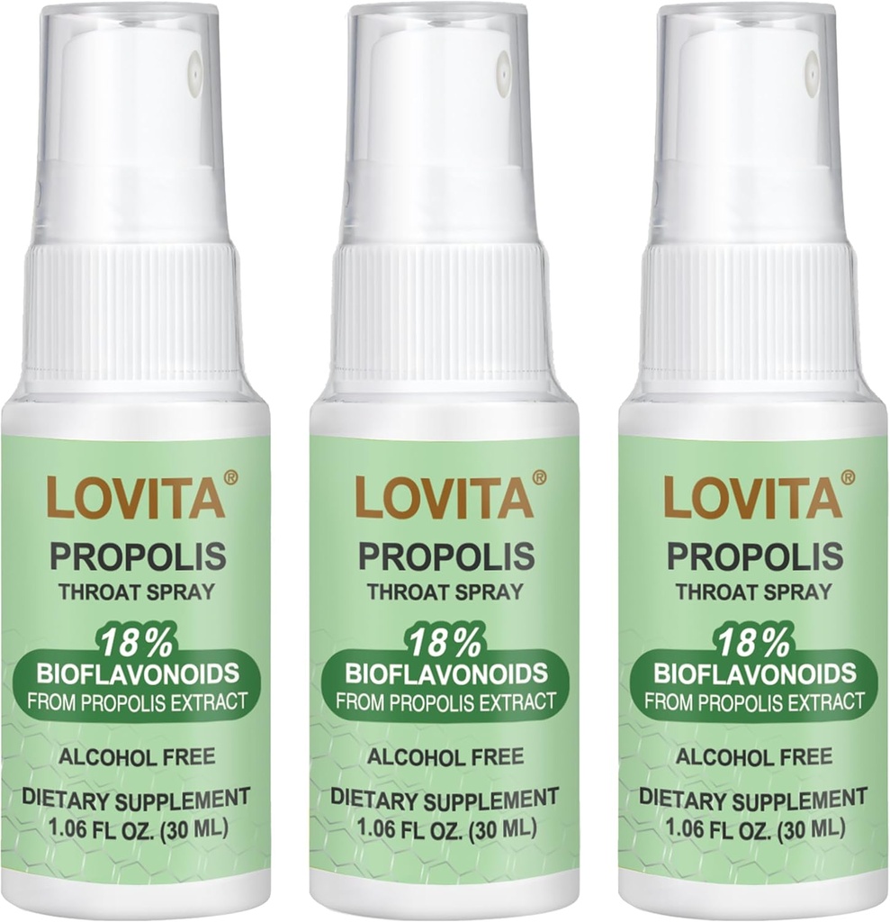 Lovita Propolis Throat Spray, Canadian Propolis Spray, High Potent 500 mg Propolis pro ml mit 9:1 High Concentrate, Natural Sore Throat Spray für Immununterstützung, Alkoholfrei, 1 Fl Oz (Pack mit 3)