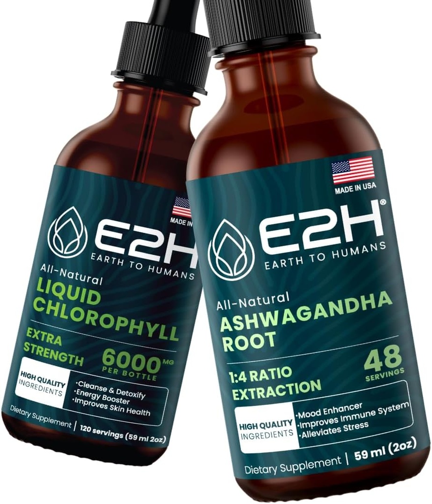 E2H: Flüssiger Chlorophyll und Ashwagandha Flüssigkeitstropfen | Vegan, Non-GMO - 2 Fl Oz Jeder (4 Fl Oz Gesamt) - Bundle
