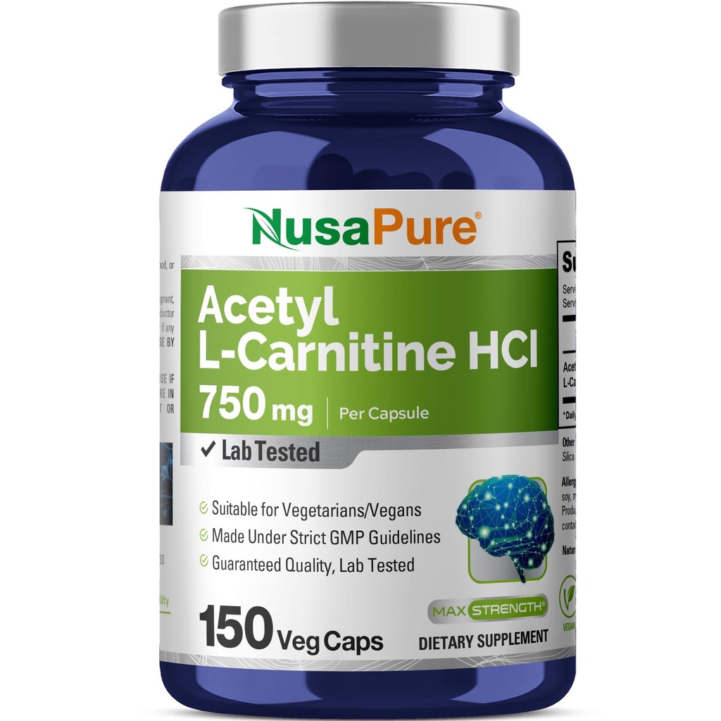 NusaPure Acetyl L-Carnitin 750mg pro Caps 150 Veggie Kapseln (Non-GMO, Vegan) Hohe Potenz Acetyl L Carnitine HCL (ALCAR)
