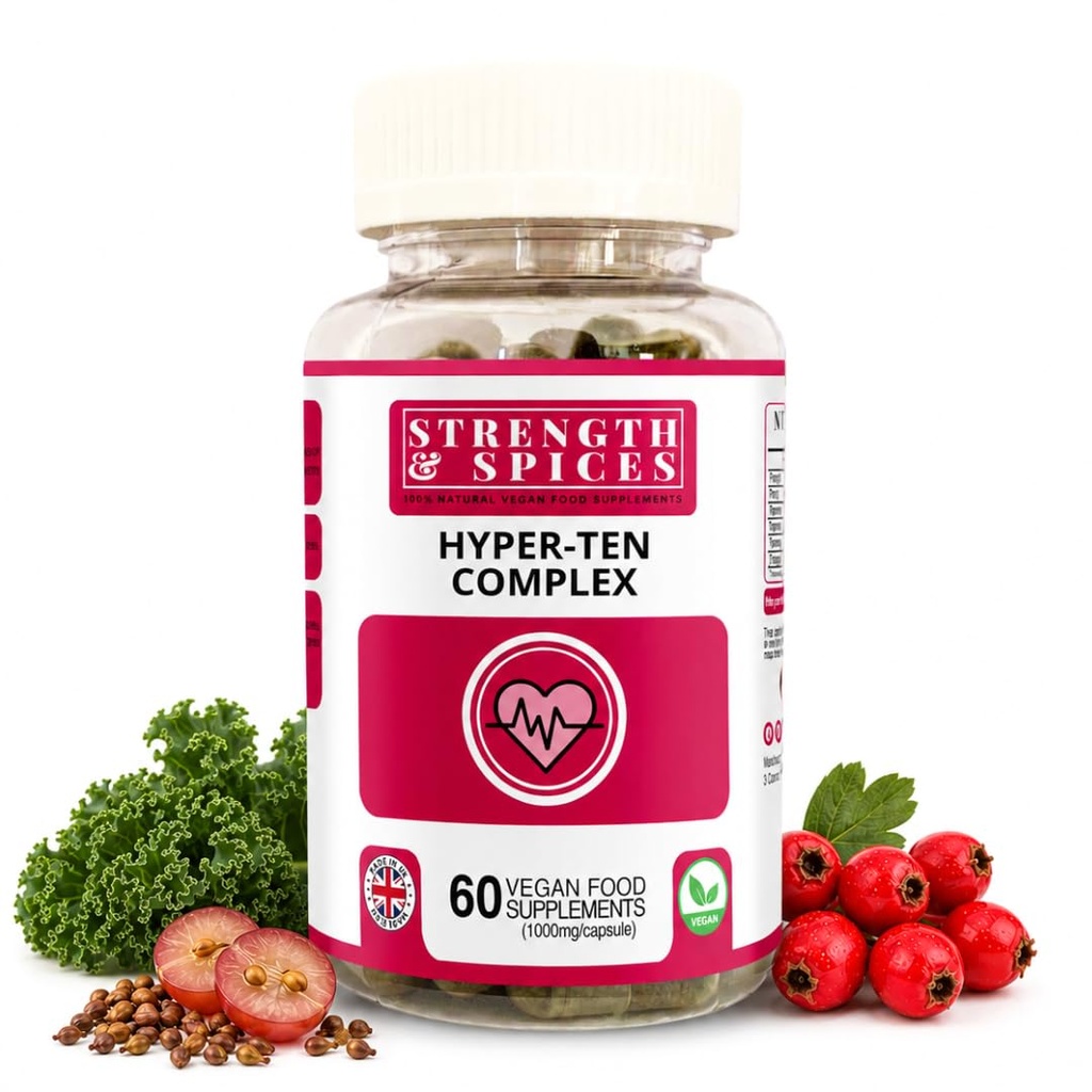 Stärke & Spices Hypertensupport 100% natürliche Ergänzung für Immunsystem & Herzgesundheit – 15 Zutaten w Hawthorn Berry, Grape Seeds & Berries - 60 Vegan UK Made 1000mg Capsules