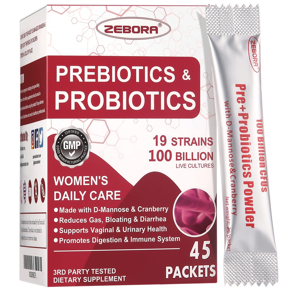 ZEBORA Probiotics-for-Women 100-Billion-CFUs mit Präbiotika, D-Mannose & Cranberry für Verdauungs-, Immun-, Feminine UT Health Support, Ultimate Probiotic Women's Care, Soy & Gluten Free, 45 Packets