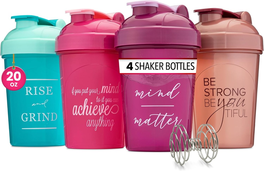 GOMOYO [4-Pack] 20 oz Protein Shaker Bottles | Frauen Shaker Cups für Protein Shakes | Small Blender Shaker Bottle Set | Geschirrspüler Safe mit 4x Wire Mixers | Pink, Purple, Teal, Rose